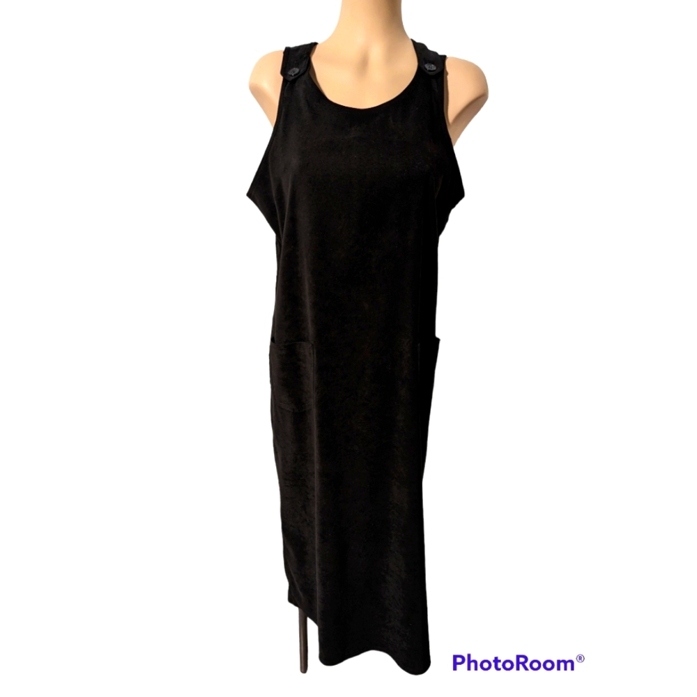 EUC Vintage Black Super Soft Overall Midi Dress with Back Slit Size 10 Petite